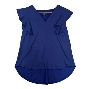 Ann Taylor Navy Blue V Neck Blouse with Ruffled Short Sleeves